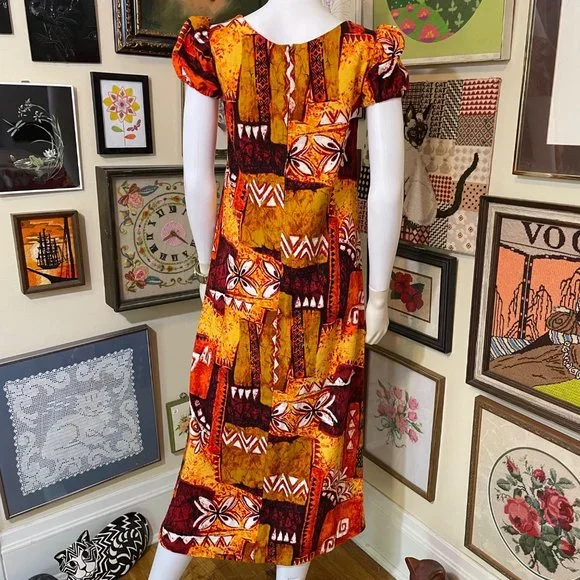 70s Vintage Kini Pela Hawaii Brown Orange Yellow Barkcloth Short Sleeve MuuMuu S - Picture 3 of 7